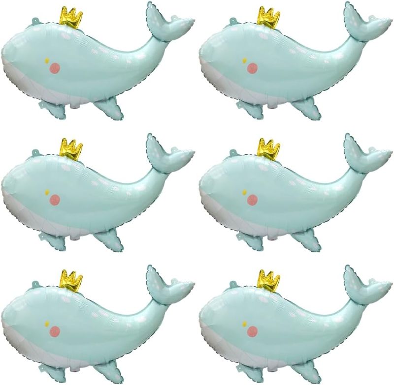 Photo 1 of Adorable Crown Whale Balloons Metallic Helium Balloon Ocean Animal Under The Sea Party Supplies, 6 Pack 33'' Whale Shape Foil Balloons With Crown Design For Birthday Decorations
