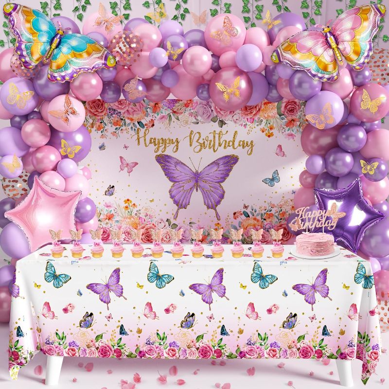 Photo 1 of Butterfly Birthday Decorations Party Supplies for Girls Women with Pink Purple Balloon Arch Kit Backdrop Tablecloth Butterfly Wall Decor Foil Balloons Cake Toppers
