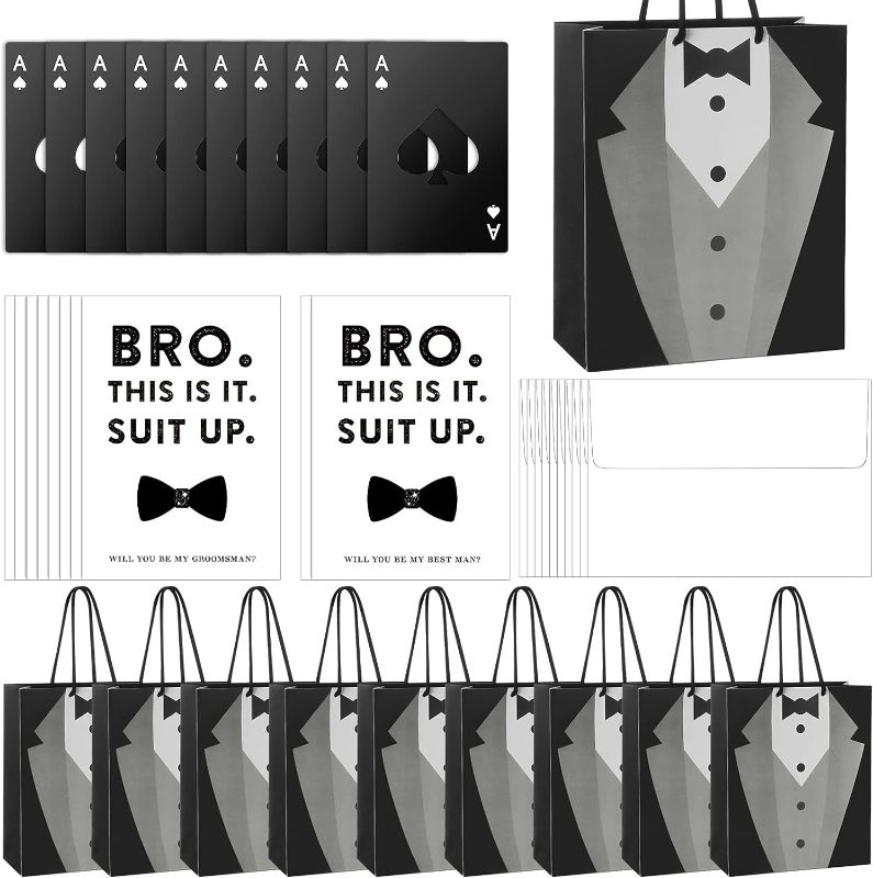 Photo 1 of 10 Set of Groomsmen Present Include 10 Groomsmen Tuxedo Proposal Gift Bags 10 Steel Credit Card Size Bottle Opener Cap 10 Groomsman Suit Up Invitation Cards with 10 White Envelopes for Wedding Party
