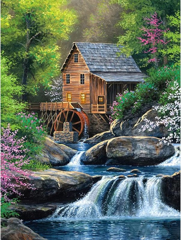 Photo 1 of 5D Diamond Painting Kits for Adults, Forest Hut Surrounded by Flowers and Trees Waterfall Full Drill Round Diamond Cross Stitch Diamond Painting by Number Rhinestone Embroidery Arts Craft 12x16 inch
