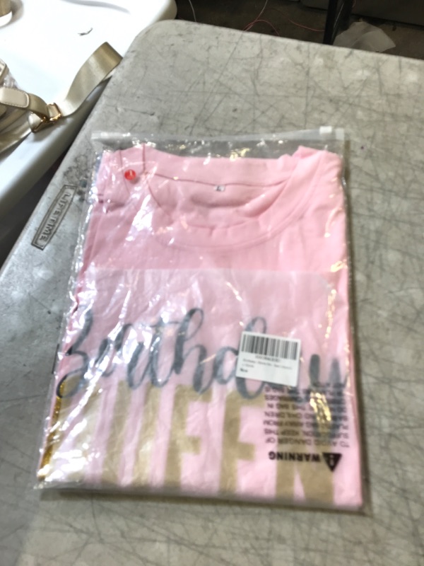 Photo 2 of Birthday Shirts Women Gold Birthday Queen Tshirts Retro Birthday Party Tops Birthday Gift Short Sleeves Tees Large Pink