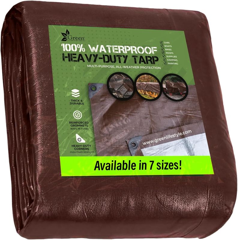 Photo 1 of 10x12 Tarps Heavy Duty Waterproof - Tarp Cover Brown/Silver, Thick Material, Tear Proof, UV Resistant, Heavy Duty Edges, Boat Tent, RV or Pool Cover
