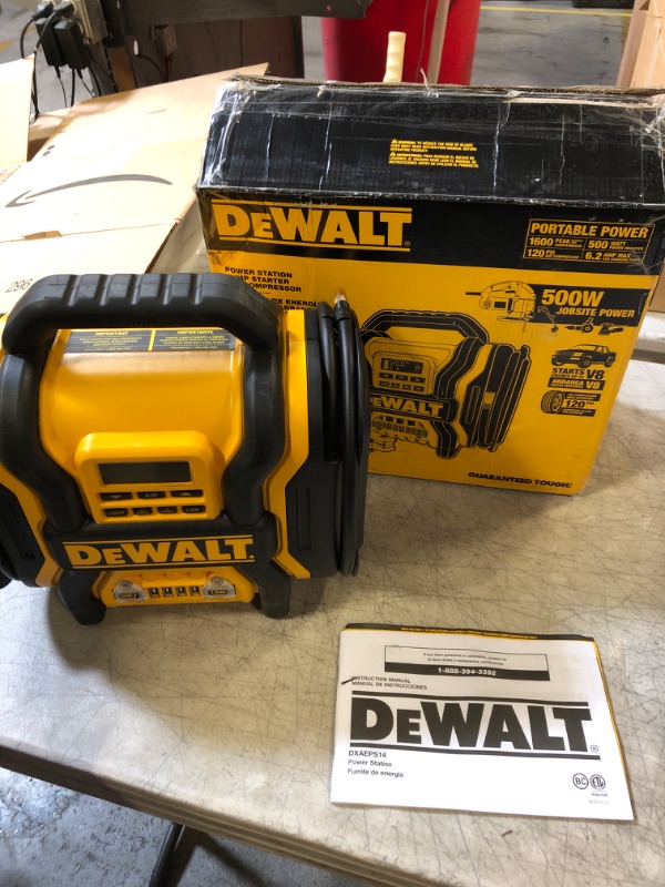 Photo 2 of DEWALT DXAEPS14 1600 Peak Battery Amp 12V Automotive Jump Starter/Power Station with 500 Watt AC Power Inverter, 120 PSI Digital Compressor, and USB Power , Yellow