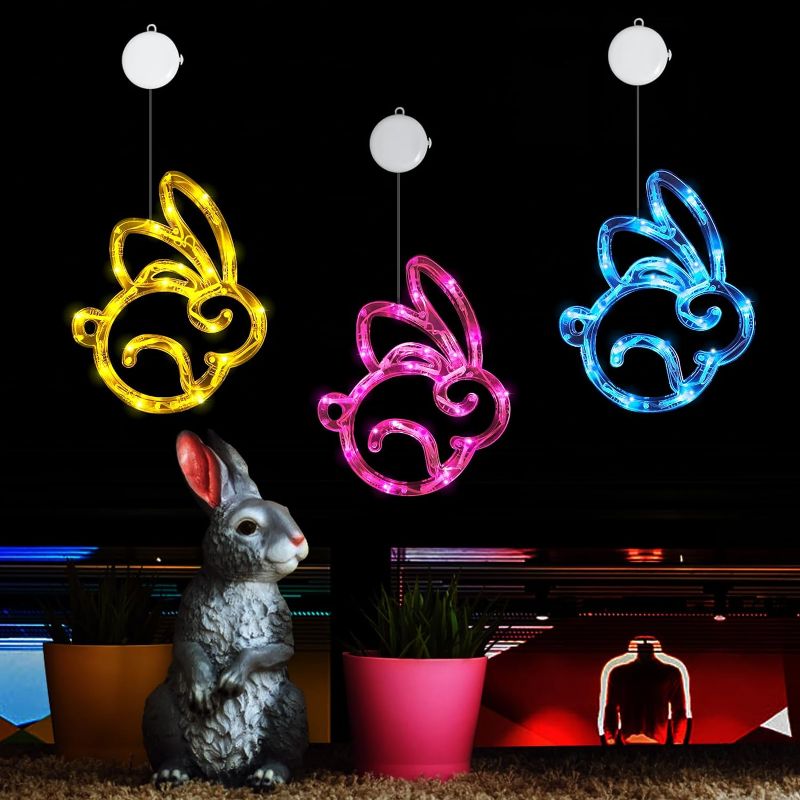 Photo 1 of Easter Window Lights 3 Pack Lighted Easter Decorations with Suction Cups, Battery Operated Plastic Egg & Bunny Shaped Hanging Window Silhouette Lights for Home Decor
