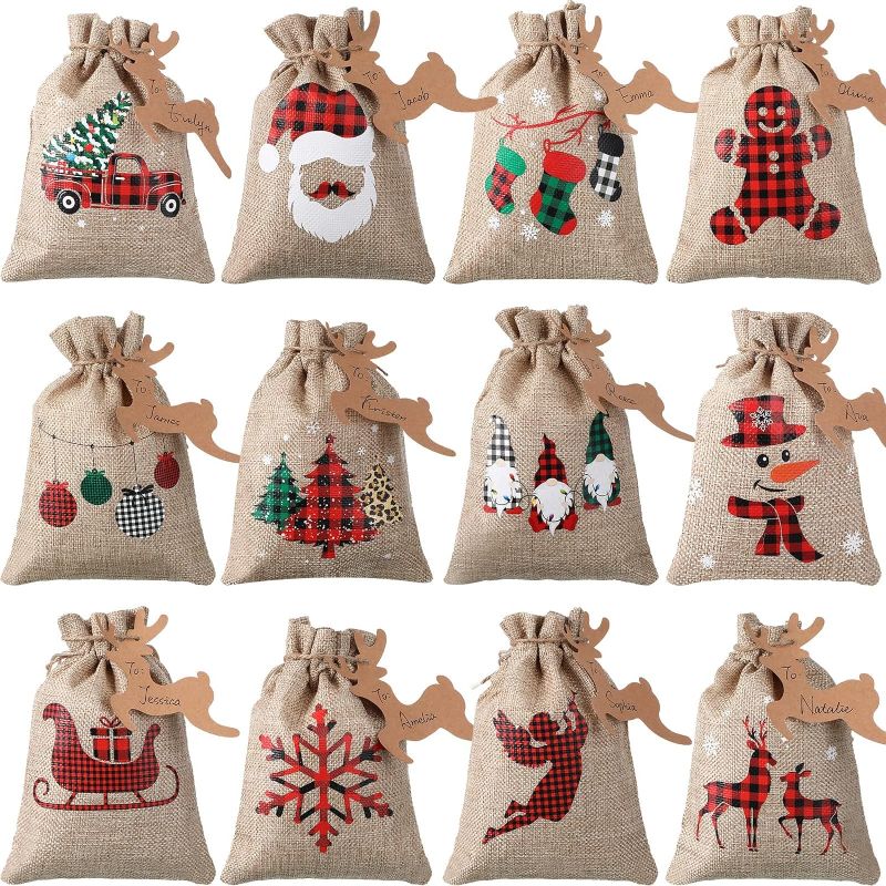 Photo 1 of 24 Pieces Christmas Burlap Treat Bags with Drawstrings Small Christmas Gift Goody Bags for Xmas Holiday New Year Party Favors Supplies, 12 Designs (Delicate Style, 5.5 x 4 Inch)
