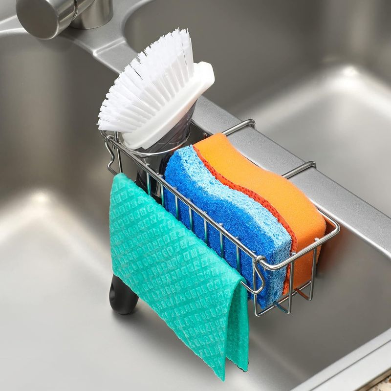 Photo 1 of 3-in-1 Sponge Holder for Kitchen Sink, Movable Brush Holder + Dish Cloth Hanger, Hanging Caddy, Small in Organizer Accessories Rack Basket, 304 Stainless...
