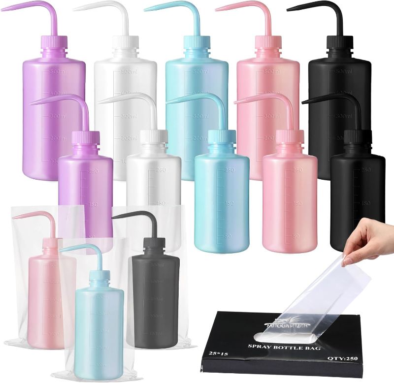 Photo 1 of 10 Pcs Tattoo Wash Bottles with 250 Pcs Disposable Tattoo Bottles Bags 250ml 500ml Plastic Washing Squeeze Bottle Narrow Mouth Water Squirt Bottle Multicolor Tattoo Supplies Tattoo Kits
