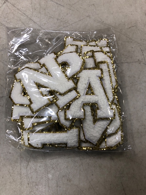 Photo 2 of 36 pcs Chenille Varsity Sport Letters & Numbers Pack. Self-Adhesive Sticker + Iron on Applique Patches for Clothing & Other Surfaces | Pure White with Gold Glitter Trim | 2.5 inches (6.35cm)