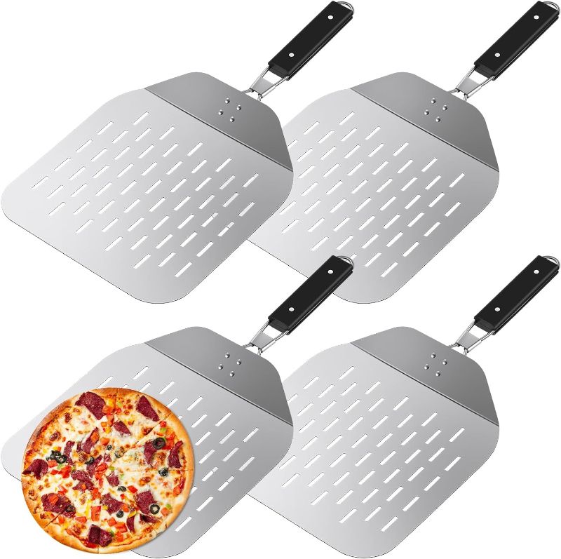 Photo 1 of 4 Pcs Stainless Steel Pizza Peel 11.6 x 11.7 Inch Perforated Pizza Spatula Paddle with Folding Handle for Oven Pizza Turning Baking
