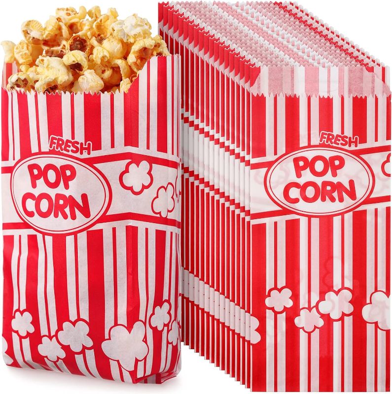 Photo 1 of 300 Pcs Popcorn Bags Paper Grease Resistant Popcorn Bags Disposable Red and White Striped Popcorn Container for Family Movie Night Movie Party Carnival Theater Popcorn Machine
