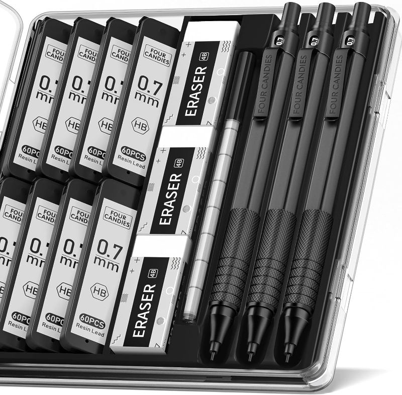 Photo 1 of Four Candies Mechanical Graphite Pencil Set, 3pcs Black Metal Pencils with Anti-Skid Grip, Ideal for Artists, Professionals, Teachers and Students
