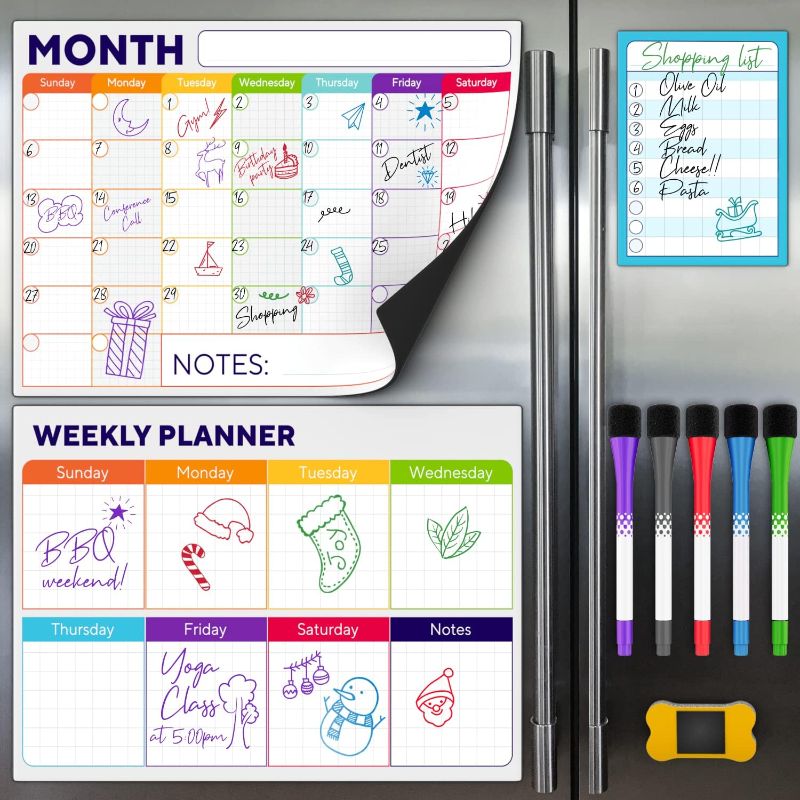 Photo 1 of Magnetic Dry Erase Whiteboard Calendar for Fridge Set of 3 - Includes: Monthly, Weekly & Daily Calendar Whiteboard, Grocery List, 5 Markers & Eraser - Perfect Calendar to Get Organized Every Day
