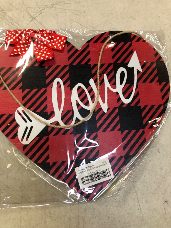 Photo 2 of CYNOSA Valentines Day Door Sign for Front Door Heart Love Valentines Hanging Sign Red and Black Buffalo Plaid Wooden Door Hanger Wreath Outdoor Wall Decor