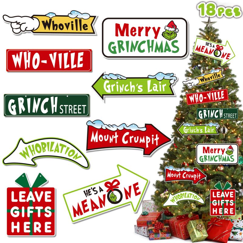 Photo 1 of 18PCS Grinchs Ornaments for Christmas Tree,Grinchs Tree Decor, Whoville Christmas Decorations Paper Hanging Ornaments for Winter Xmas Party Favor Supplies