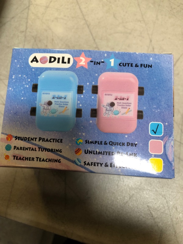 Photo 2 of 2Pack Math Roller Stamps for Kids with 6 Bottles Refills,Aodili Addit and Subtract 2 in 1 Self-Inking Digital Questions Stamp for Practice, Homework,Teacher Stamps Set(Blue) 2 Stamps + 6 Refills ?add&sub?blue