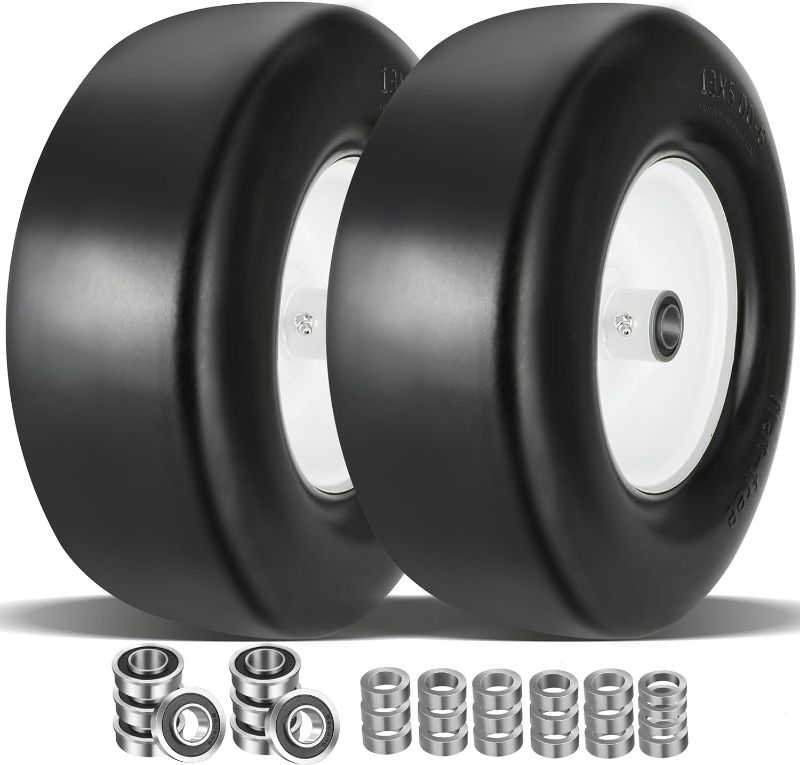 Photo 1 of 13x5.00-6 Flat Free Lawn Mower Tire and Wheel with 3/4" & 5/8" Bearing, Zero Turn Mower Front Solid Tire Assembly for Commercial Grade Lawn, Garden Turf, 3.25"-6.9" Centered Hub (13x5.00-6)
