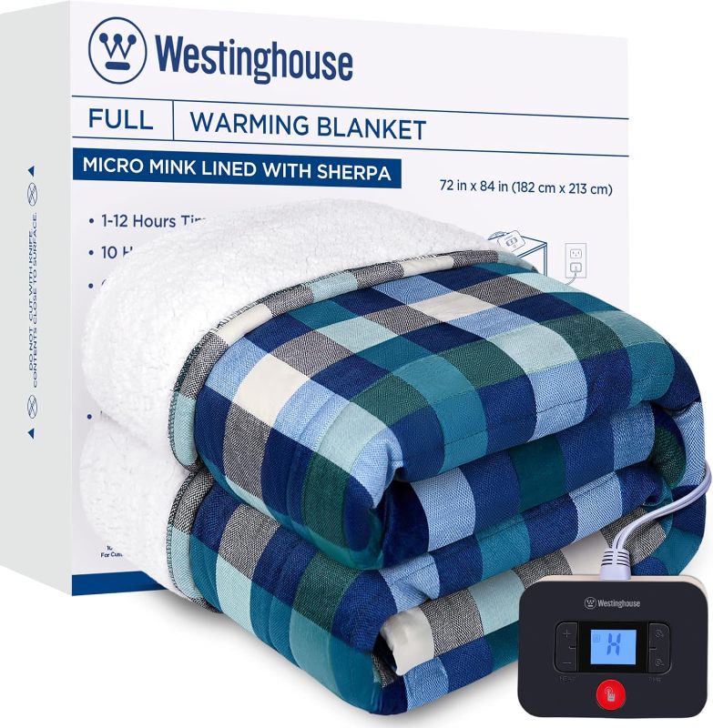 Photo 1 of Westinghouse Full Size Heated Blanket Electric Blanket, Flannel & Sherpa Heating Blanket with10 Heating Levels & 1 to 12 Hours Heating Time Settings, Fast Heating Blanket Green Plaid, 72x84 Inches
