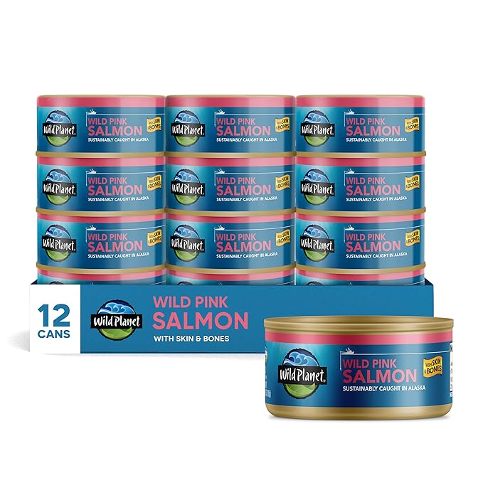 Photo 1 of Wild Planet Wild Pink Salmon With Skin and Bones, Tinned Fish, Canned Salmon, Sustainably Wild-Caught, Non-GMO, Kosher, Gluten Free, Keto and Paleo, 3.75 Ounce (Pack Of 12) (BB 12/2025)