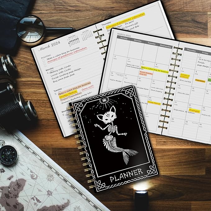 Photo 1 of 2024 Planner, 12-Month Weekly Monthly Planner from JAN.2024 to DEC.2024, 8.4" X 6", Planner Notebook with Spiral Bound, Stickers & Sticky Index Tabs, Fox-Fish Skull Black - 01