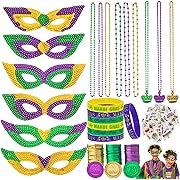 Photo 1 of 202Pcs Mardi Gras decorations Including Mardi Gras Mask Beads Necklaces Coins Temporary Tattoos and Rubber Bracelets Party Favors Mardi Gras