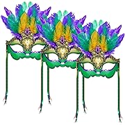 Photo 1 of 3 Pcs Mardi Gras Masquerade Mask with Feathers Women Mask Feather Masquerade Mask Venetian Carnival Mask Halloween Party Costumes Cosplay for Women