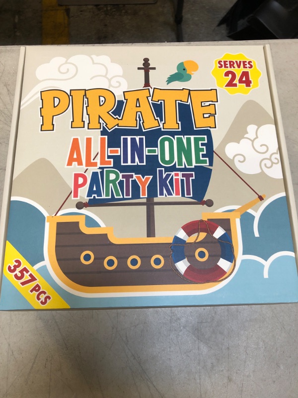 Photo 2 of All-in-One 357 Pc Pirate Party Decorations (Serves 24) Pirate Party Supplies with Plates, Cups, Napkins, Tablecloth, Balloons, Cake and Cupcake Topper and More Pirate Birthday Decorations