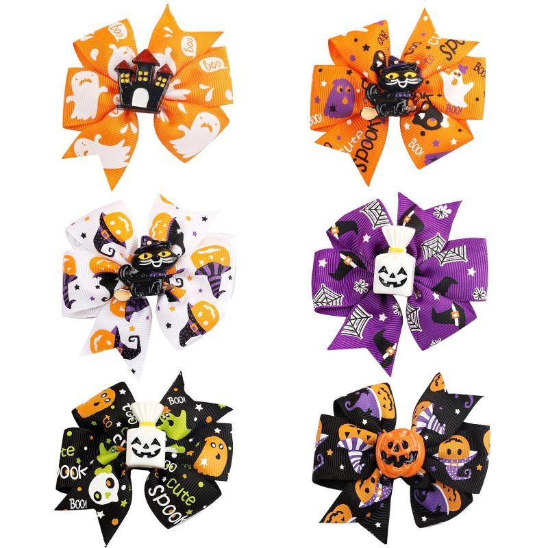 Photo 1 of Halloween Hair Bows for Girls Ghost Bat Hat Devil Horn Spider Web Shape Hair Clips Hair Accessories for Toddlers Kids Halloween Party, 6 PCS (Type A)
