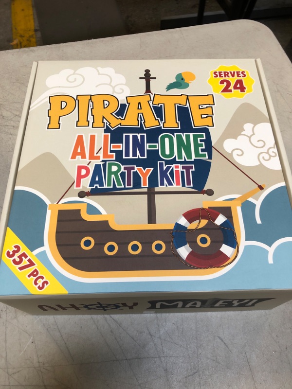 Photo 2 of All-in-One 357 Pc Pirate Party Decorations (Serves 24) Pirate Party Supplies with Plates, Cups, Napkins, Tablecloth, Balloons, Cake and Cupcake Topper and More Pirate Birthday Decorations