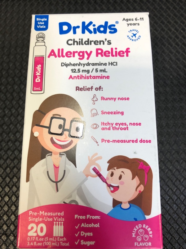 Photo 2 of Dr. Kids Children's Allergy Relief Medicine with Diphenhydramine, 20 Pre-Measured Single-Use Vials 20 Count (Pack of 1) ex. 06-24