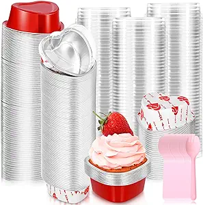 Photo 1 of 300 Sets Heart Shaped Cake Pans with Lids and Sporks 1.86 oz 3.4 oz Aluminum Foil Cake Pan Disposable Mini Baking Tins with Lids for Valentine's Day (White and Red,Solid and with Words)
