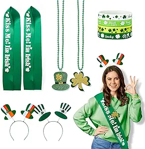 Photo 1 of 10 PCS St Patrick's Day Accessories Set Includes 2 St Patrick's Day Headband 2 Shamrock Necklace 4 Green Silicone Wristbands Bracelets 2 Irish Shoulder Strap, St Patricks Day Party Favors Supplies
