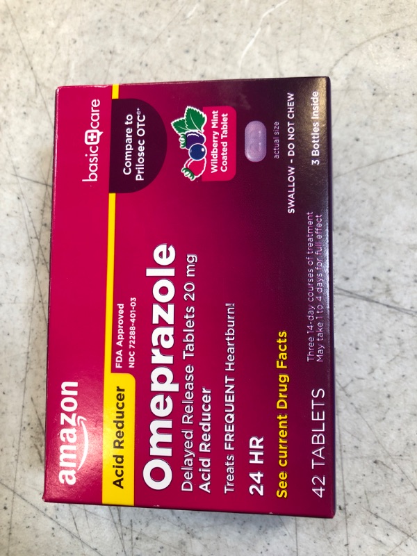 Photo 2 of Amazon Basic Care Omeprazole Delayed Release Tablets 20 mg, Acid Reducer, Wildberry Mint Coated Tablet, 42 Count ex. 6-24