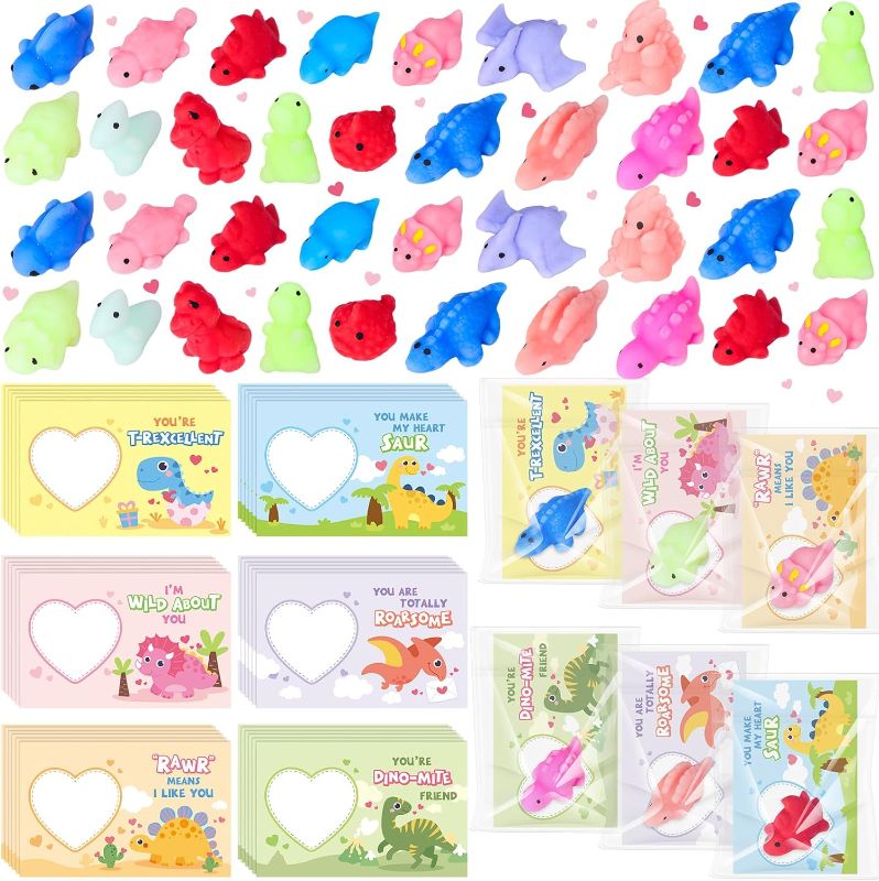 Photo 1 of 36 Sets Valentines Day Cards for Classroom Valentines Day Gifts for Kids with 36 Dinosaur Fidget Mini Kawaii Dinosaur Toys Bulk 36 Valentine Exchange Cards for Boy Girl School Class Exchange