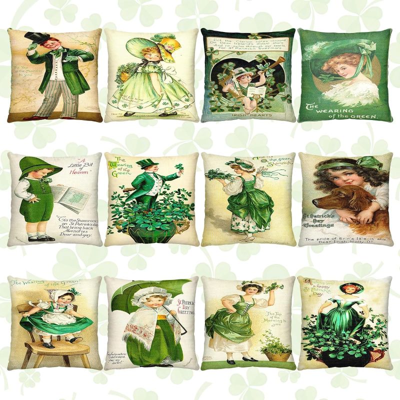 Photo 1 of 12 Pcs St Patrick's Day Pillow Covers 18 x 18 Inch Cotton Linen Throw Cushion Cover Vintage Farmhouse Shamrock Decor Pillowcases Green Holiday St. Patrick's Day Decorations for Home