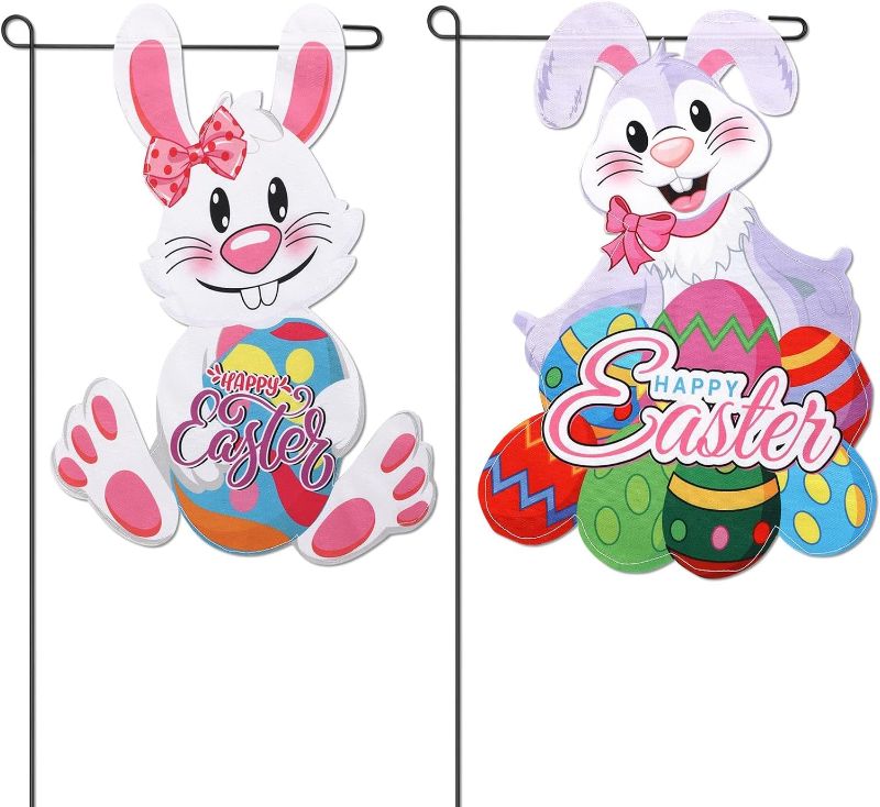 Photo 1 of 2 Pcs Easter Garden Flag Easter Bunny Eggs Garden Flag 12" x 18" Double Sided Bunny Eggs Easter Decorations for Spring Easter Yard Outdoor Decorations(Flagpoles Not Included)