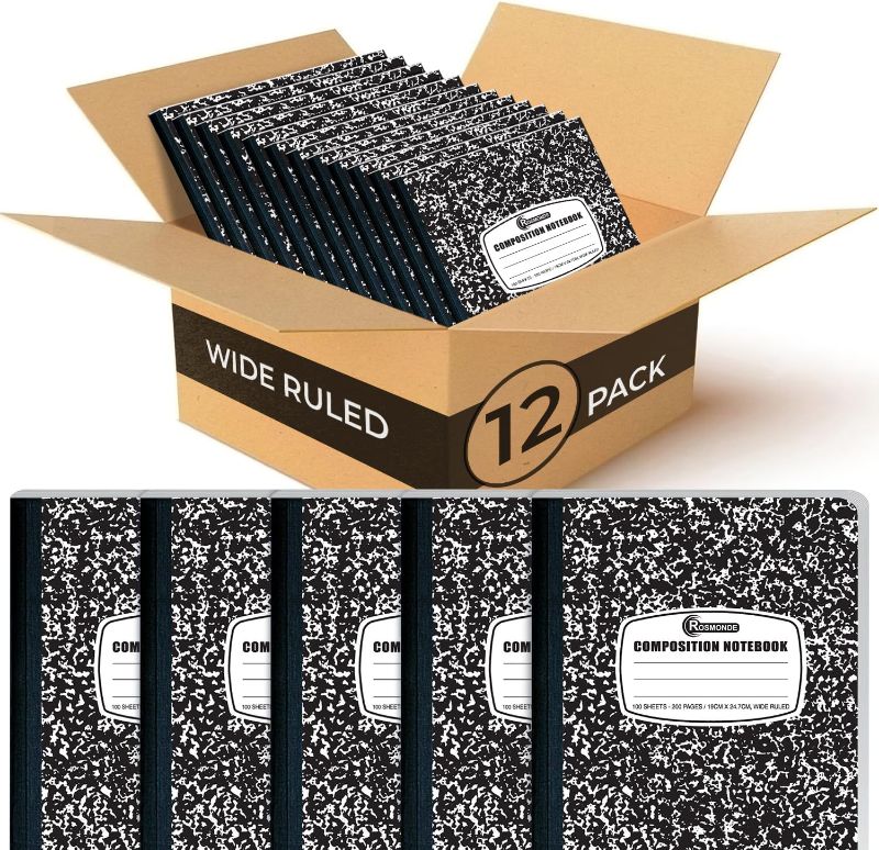 Photo 1 of 12 Pack Composition Notebook Wide Ruled Bulk, 200 Pages (100 Sheets), 9-3/4 x 7-1/2", Hard Cover Wide Ruled Notebook Bulk, Black Marble Composition Notebook Wide Ruled, Bulk Office Notebooks