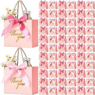 Photo 1 of 100 Pcs Valentine's Day Gift Bags with Handles, 5.5'' x 2.4'' x 4.7'' Thank You Pink Bags Gold Foil Small Paper Bags with Bow Ribbon Bags Bulk for Baby Shower Birthday Wedding Party Favor
