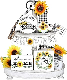 Photo 1 of Yulejo 6 Pieces Farmhouse Tiered Tray Decor Bundle Home Items Signs Set Rustic Mini Rolling Pins and Beaded Garland for Kitchen Shelf (Sunflower Style)