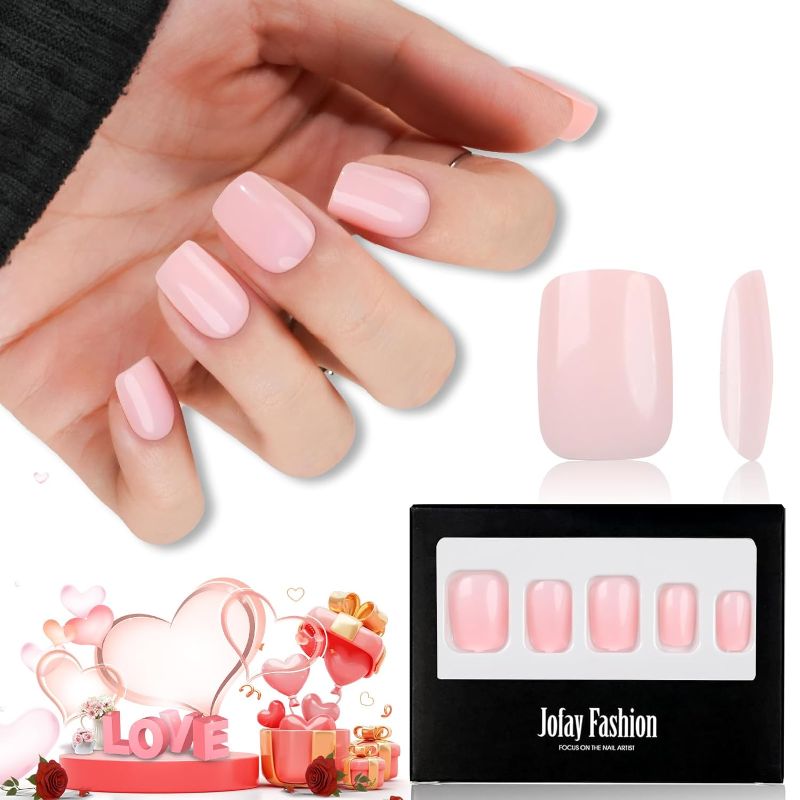 Photo 1 of Short Press on Nails Pink, Jofay Fashion Valentines Press on Nails Square Solid Color Pink Fake Nails with Glue, Reusable& Natural Glue on Nails Acrylic False Nails Stick on Nails for Women Girls Gift
