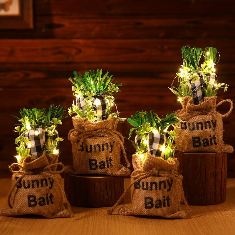 Photo 1 of 4 Pcs Easter Carrot Table Signs with 4 LED String Light up Decor Farmhouse Easter Tabletop Decor with Burlap Bag Drawstring Spring Easter Tiered Tray Table Centerpiece for Party(Black White)
