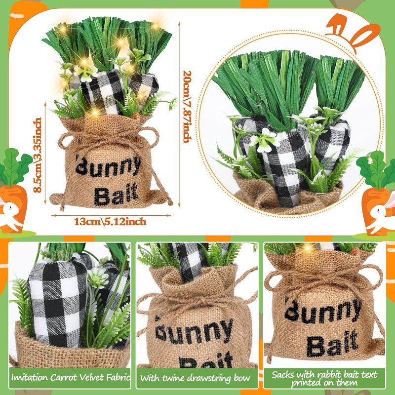 Photo 2 of 4 Pcs Easter Carrot Table Signs with 4 LED String Light up Decor Farmhouse Easter Tabletop Decor with Burlap Bag Drawstring Spring Easter Tiered Tray Table Centerpiece for Party(Black White)
