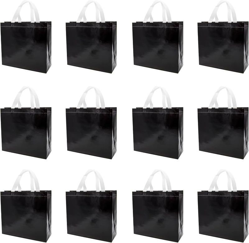 Photo 1 of 12 Black Gift Bags Shiny Party Favor Bags with Handle Non-Woven Reusable Glossy Goodie Bags for Birthday, Christmas, Halloween
