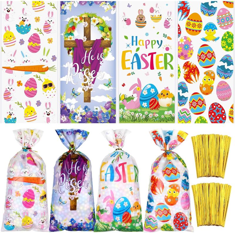 Photo 2 of 120 Pcs Easter Cellophane Bags Spring Easter Treat Bags with 150 Gold Twist Ties Kids Candy Goodie Bags for Religious Easter Birthday Party Supplies
