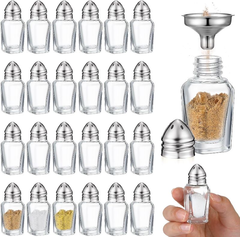 Photo 1 of 24pcs 10ml/0.34oz Cuboid Small Salt and Pepper Shakers Clear Mini Glass Seasoning Jars with Stainless Steel Funnel Spice Salt Pepper Shaker Bulk for Kitchen Wedding Party Restaurant(Silver)
