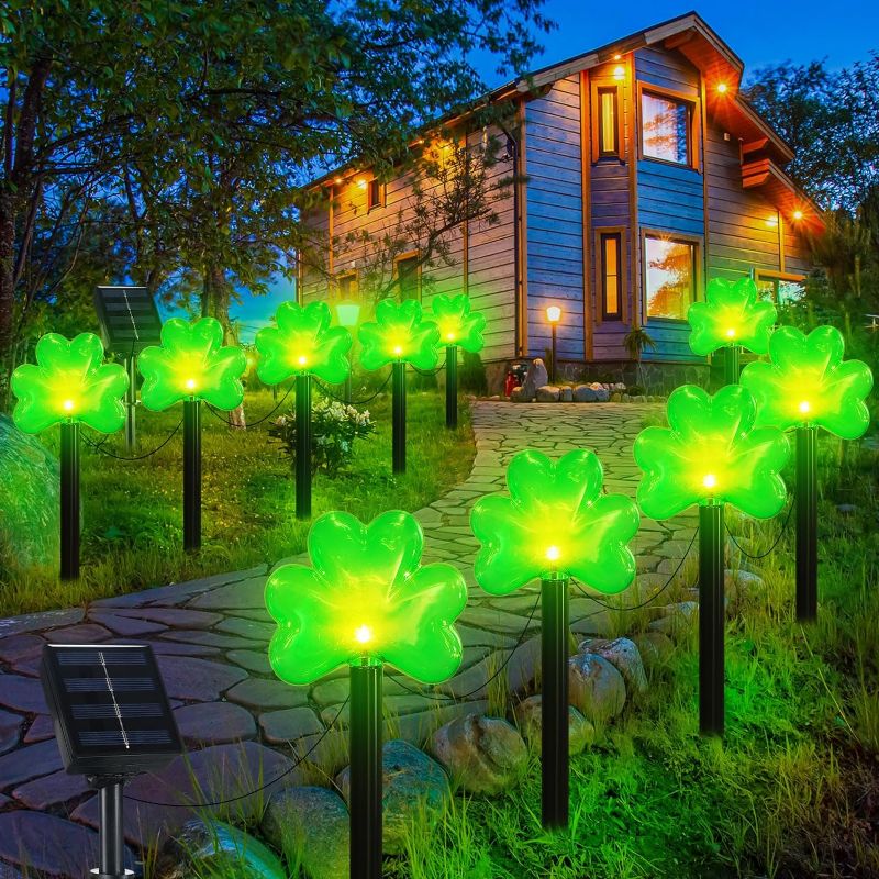 Photo 1 of 10 Pcs St Patrick's Day Solar Stake Lights Irish Shamrock Pathway Lights Lucky Clover Light Outdoor Waterproof Markers Lights for Garden Yard Lawn Decor Decorations
