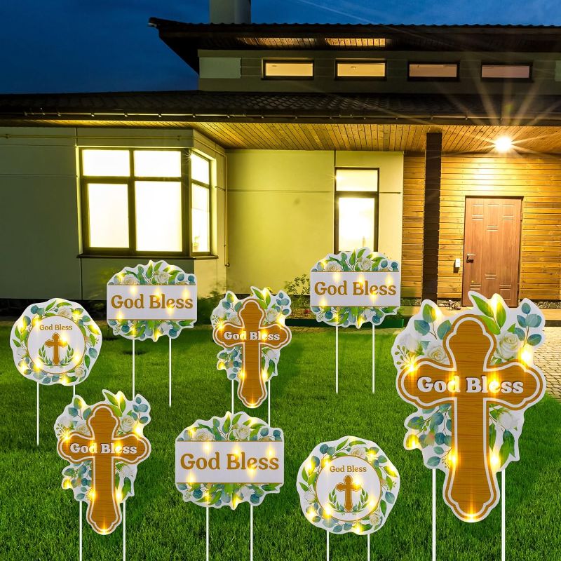 Photo 2 of 8 Pcs LED Religious Easter Yard Sign Outdoor Lawn Decorations God Bless Yard Signs Cross Christian Easter Party Lawn Signs with Stakes for Easter Party Garden Pathway Lawn Yard Decor
