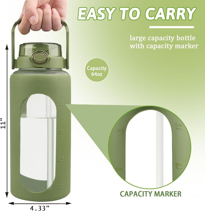 Photo 1 of 64oz Glass Water Bottles with Straw and Handle Lid, Half Gallon Motivational Glass Bottle Silicone Sleeve Large Glass Water Jug for Home Office Gym - Army green