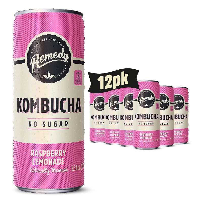 Photo 1 of 12pcs exp date 07/2024   -----Remedy Kombucha Tea Organic Drink - Sugar Free, Keto, Vegan, Non-GMO, Gluten Free & Low Calorie - Sparkling Live Beverage w/ Gut Health & Probiotic Like Benefits - Raspberry Lemonade - 8.5 Fl Oz Can, 