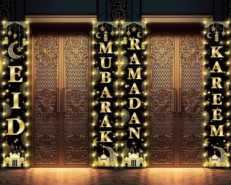 Photo 1 of 2 In 1 Ramadan and Eid Door Banner Lighted Decorations Eid Mubarak Door Sign Ramadan Kareem Black Gold Porch Banners with Lights Islam Hanging Sign for Indoor Outdoor Muslim Party Supplies
