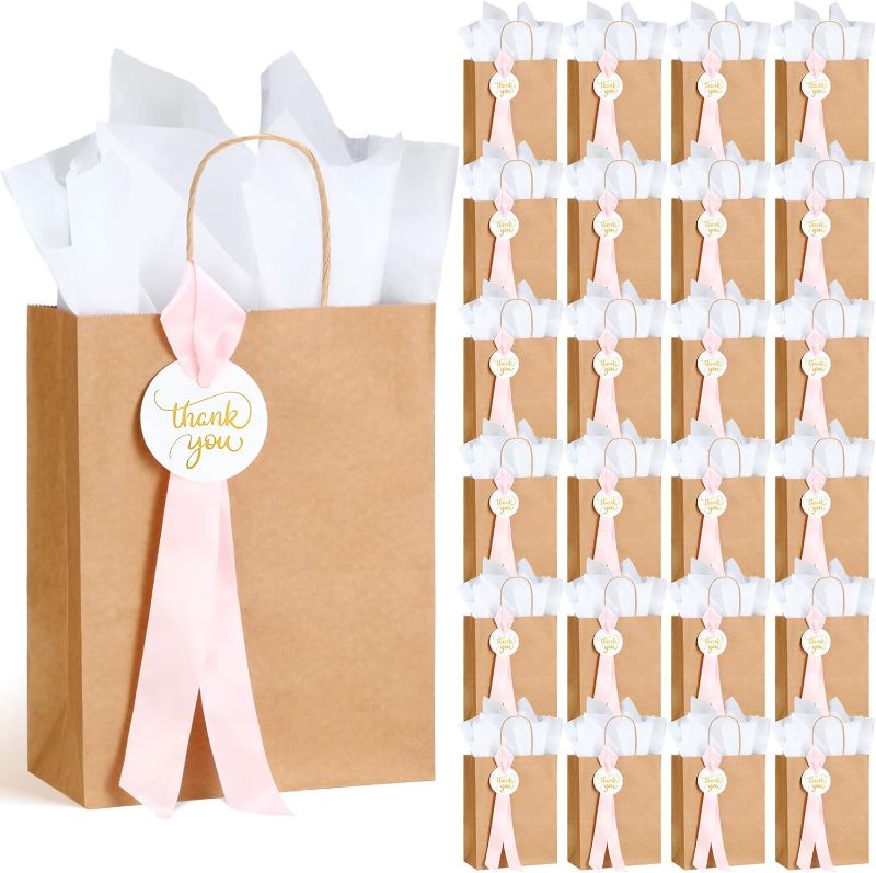 Photo 1 of 25 Sets Wedding Thank You Gift Bags with Blush Ribbon Thank You Cards White Tissue Paper 8.3 x 4.3 x 10.6 Inch Kraft Paper Gift Bags with Handles for Wedding Bridal Birthday Guest Party Favor
